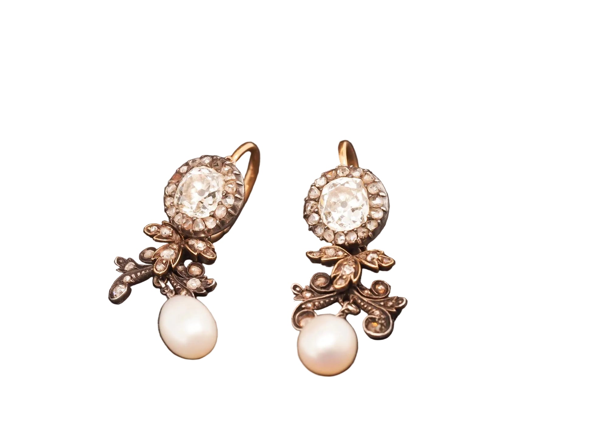 Edwardian Yellow Gold Old Mine Diamond Detachable Dangling Pearl Earrings