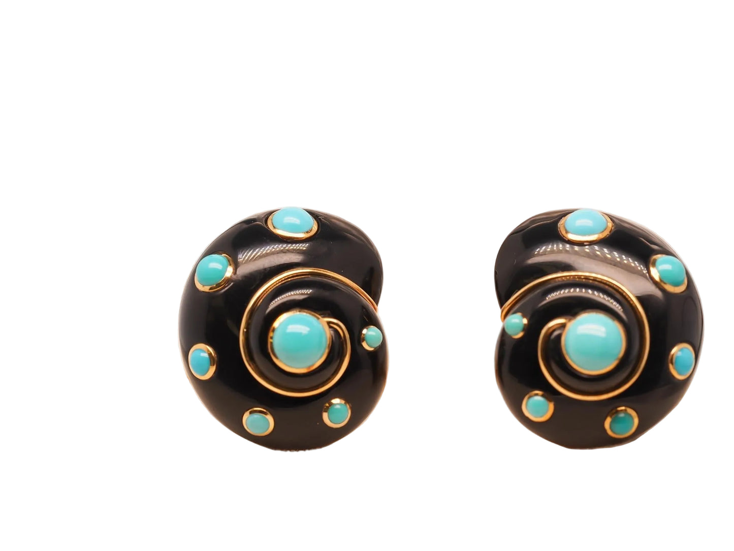Estate Vintage VERDURA 18K Yellow Gold Turquoise and Enamel Seashell Earrings