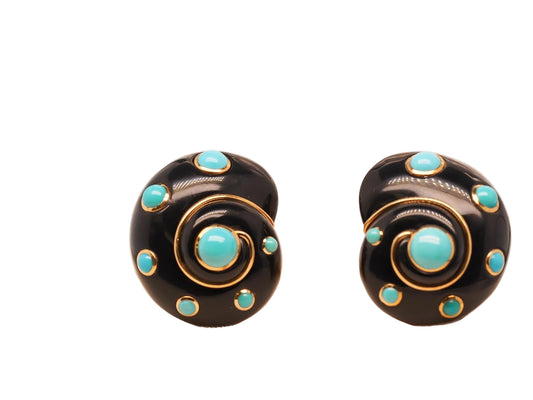 Estate Vintage VERDURA 18K Yellow Gold Turquoise and Enamel Seashell Earrings