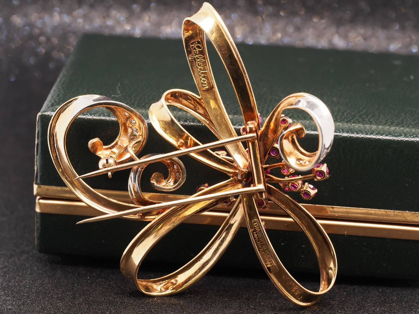 Estate 14K Yellow Gold Trabert & Hoeffer Mauboussin Ruby & Diamond Jumbo Brooch