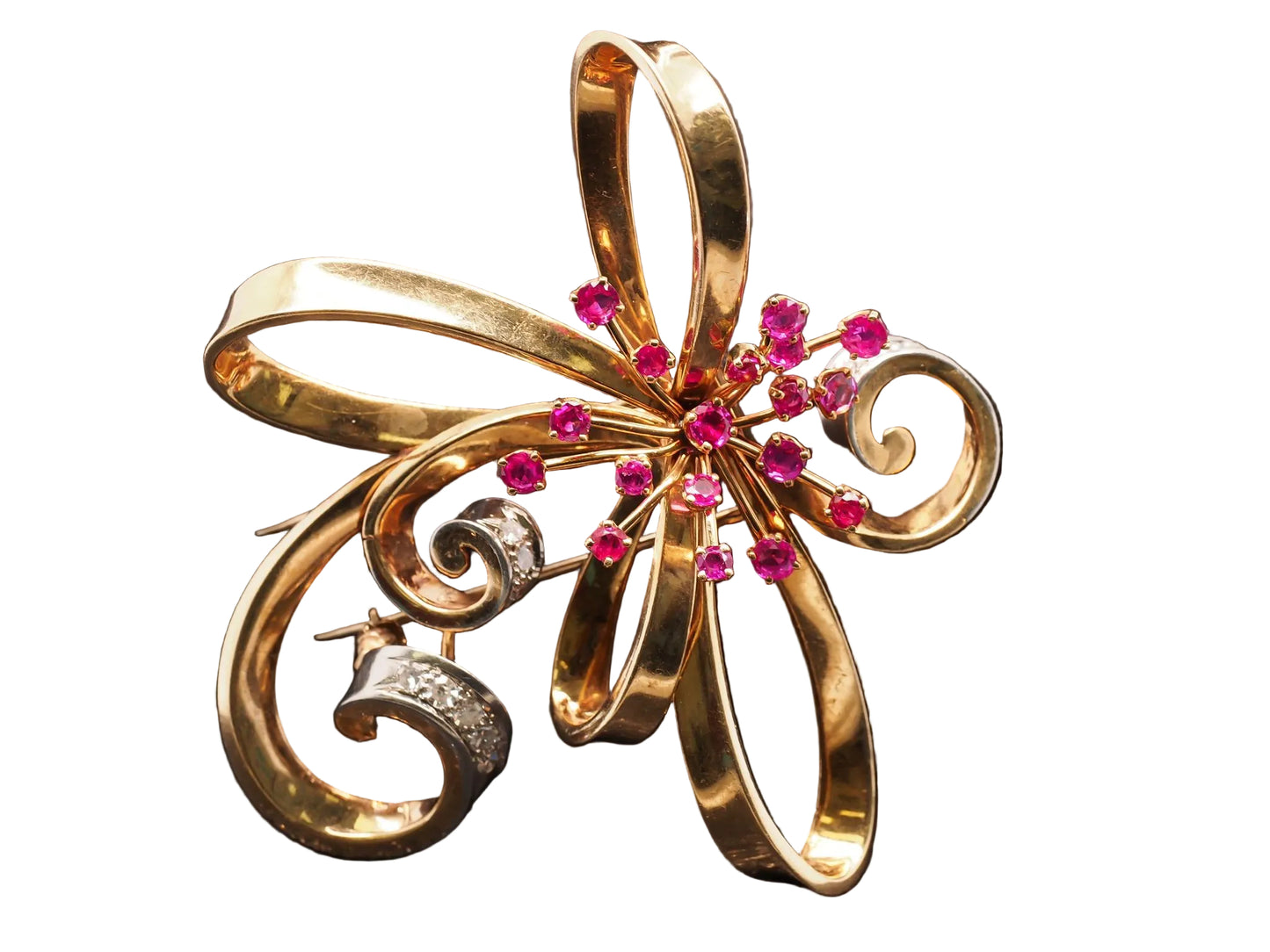 Estate 14K Yellow Gold Trabert & Hoeffer Mauboussin Ruby & Diamond Jumbo Brooch
