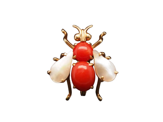 Estate 14K Gold Vintage Coral and Mother Of Pearl Fly Bug Brooch - VHK#1033
