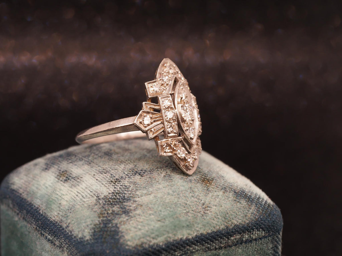 Estate Art Deco Platinum Diamond Shield Ring - VHK#1034