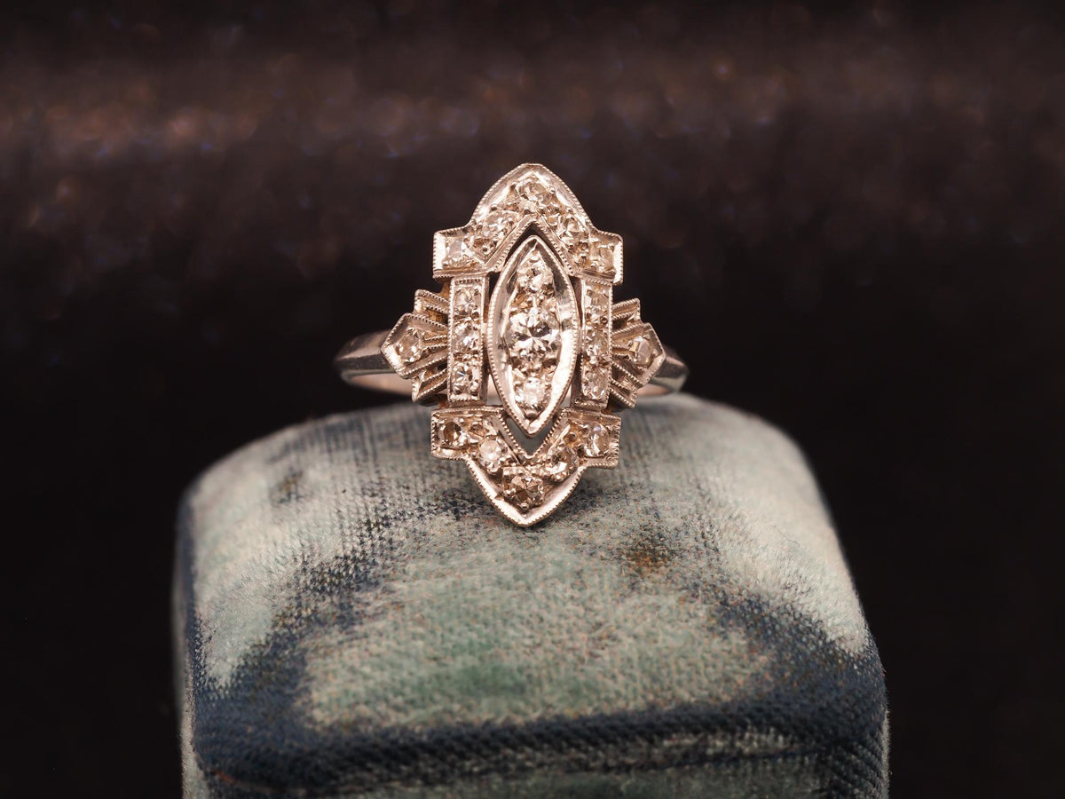 Estate Art Deco Platinum Diamond Shield Ring - VHK#1034