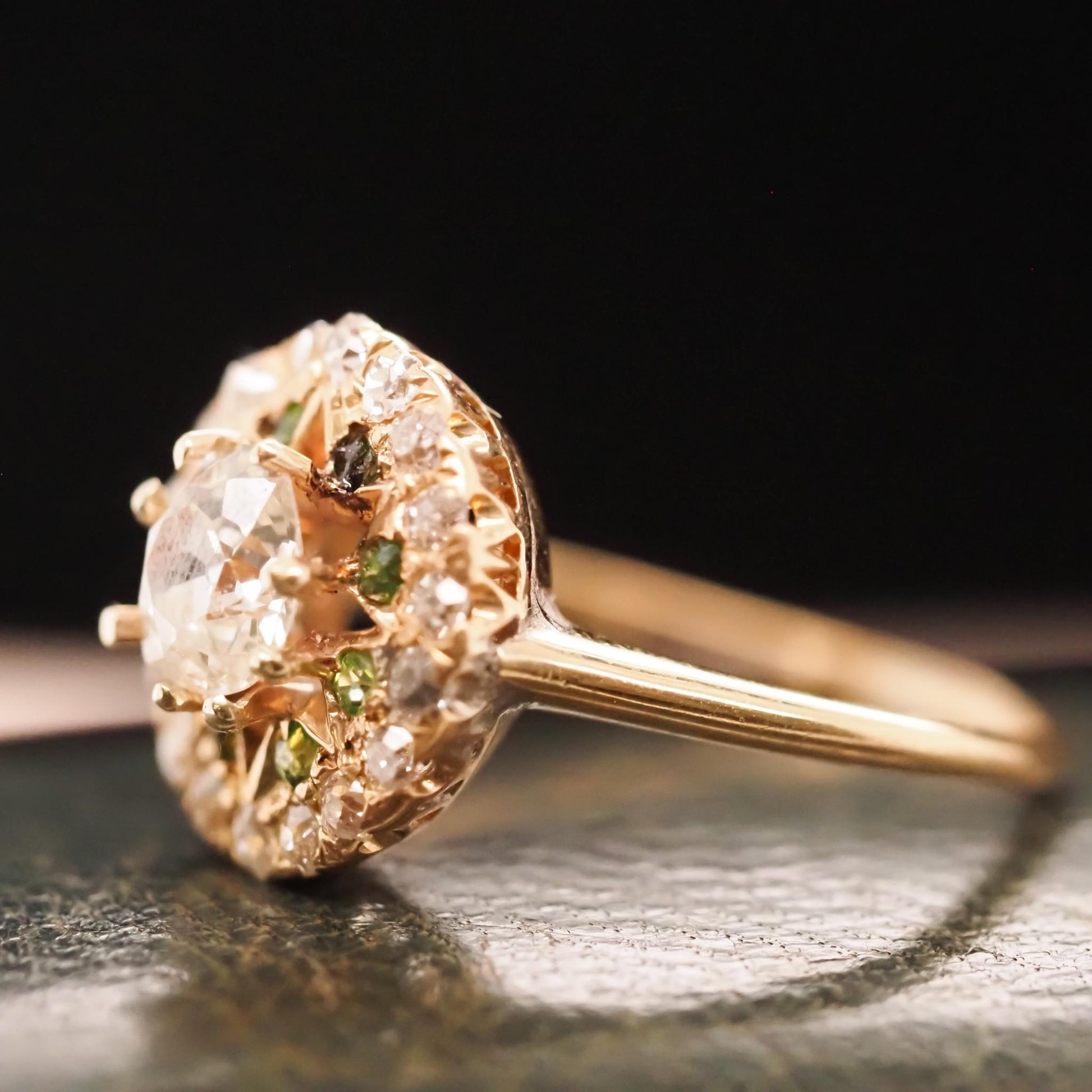 Circa 1910s 14K Yellow Gold Antique Oval and Demantoid Engagement Ring - VHK#674