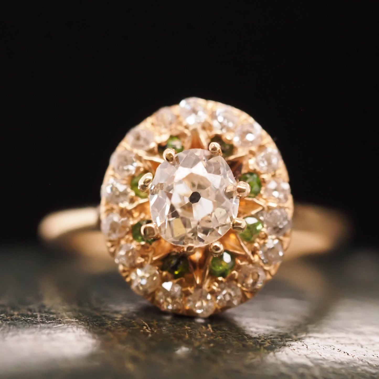 Circa 1910s 14K Yellow Gold Antique Oval and Demantoid Engagement Ring - VHK#674