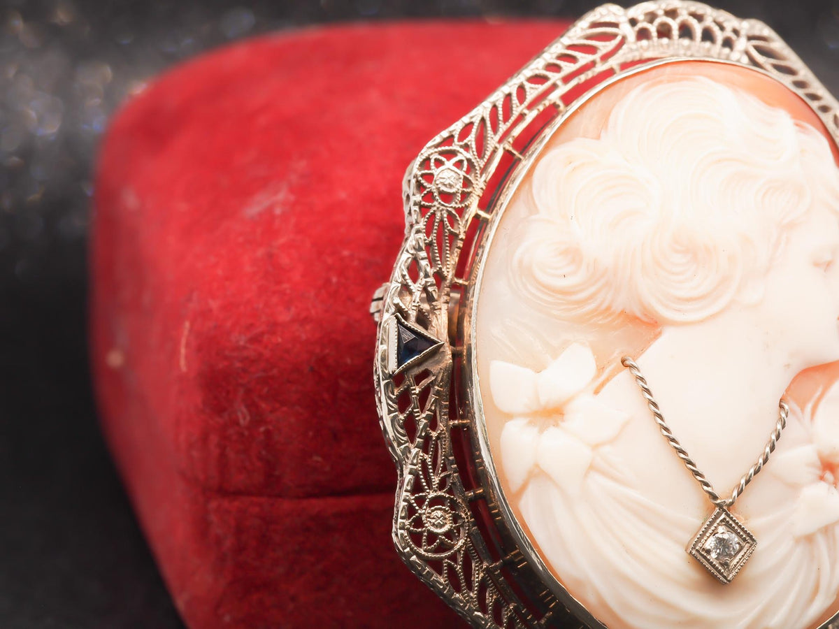 14K White Gold, Sapphire and Diamond, Cameo Brooch & Pendant - VHK#2