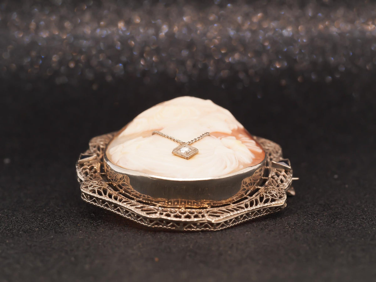 14K White Gold, Sapphire and Diamond, Cameo Brooch & Pendant - VHK#2