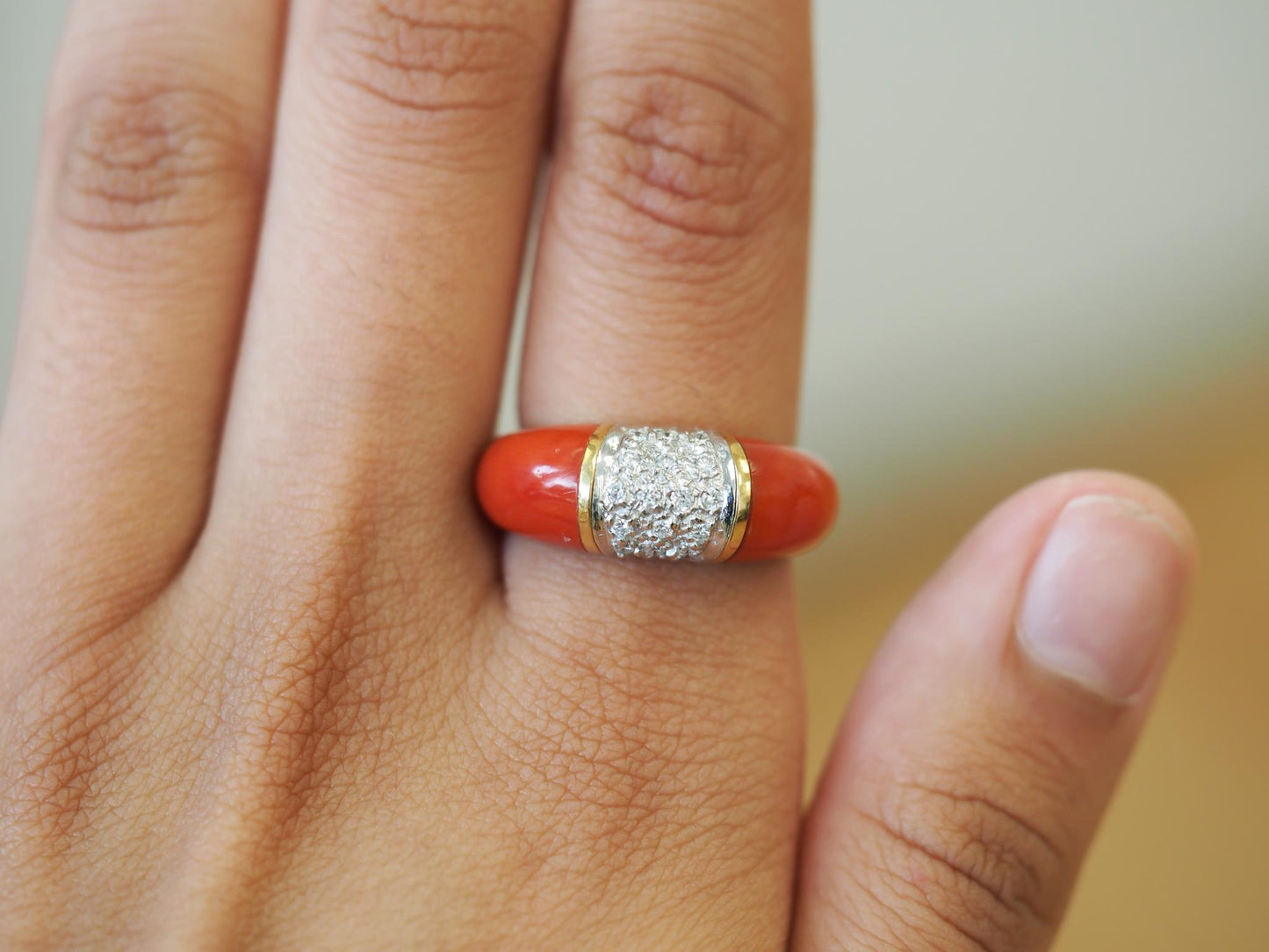 Estate 18K Yellow Gold Coral and Diamond Ring - VHK#823a