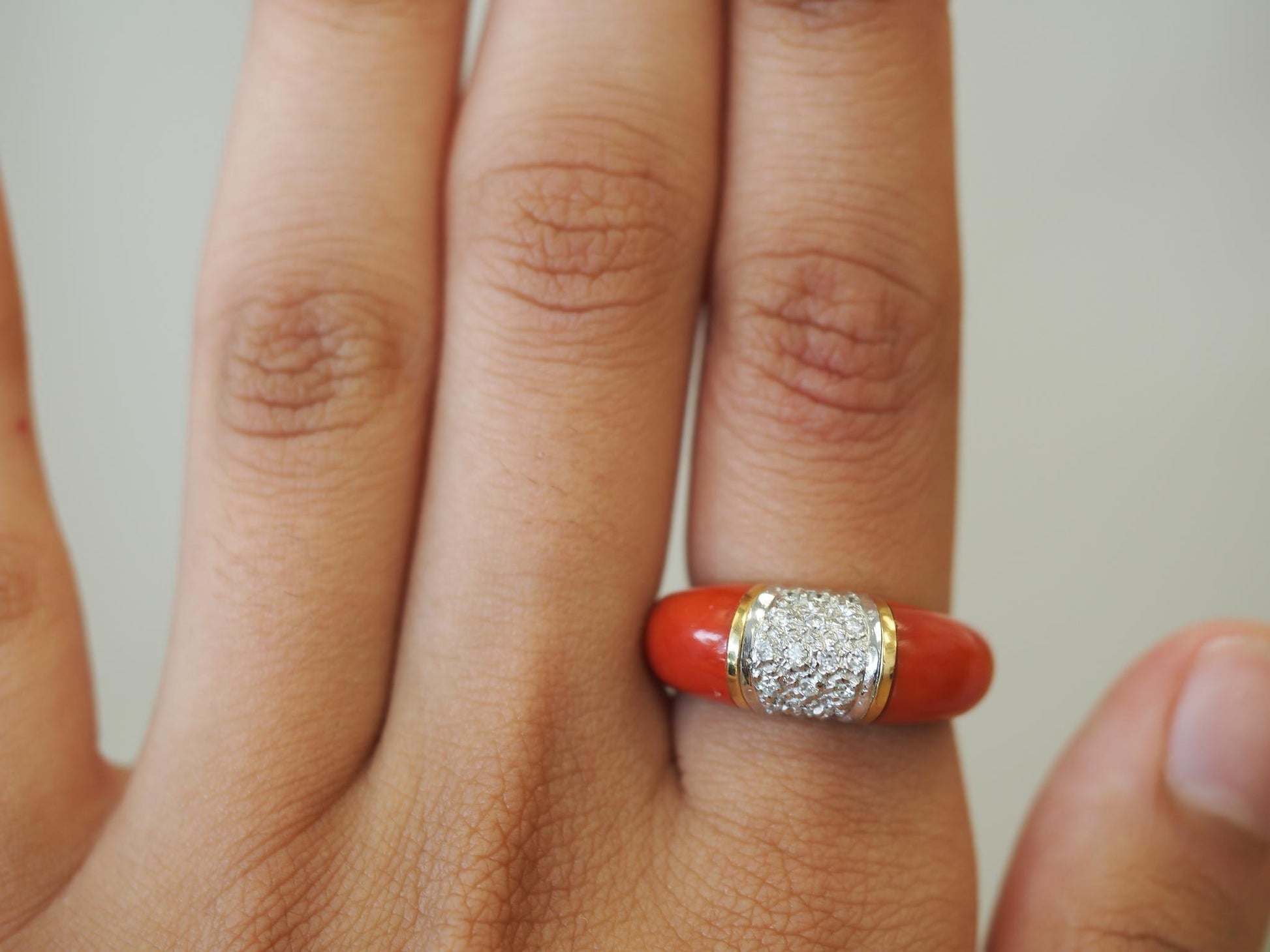 Estate 18K Yellow Gold Coral and Diamond Ring - VHK#823a