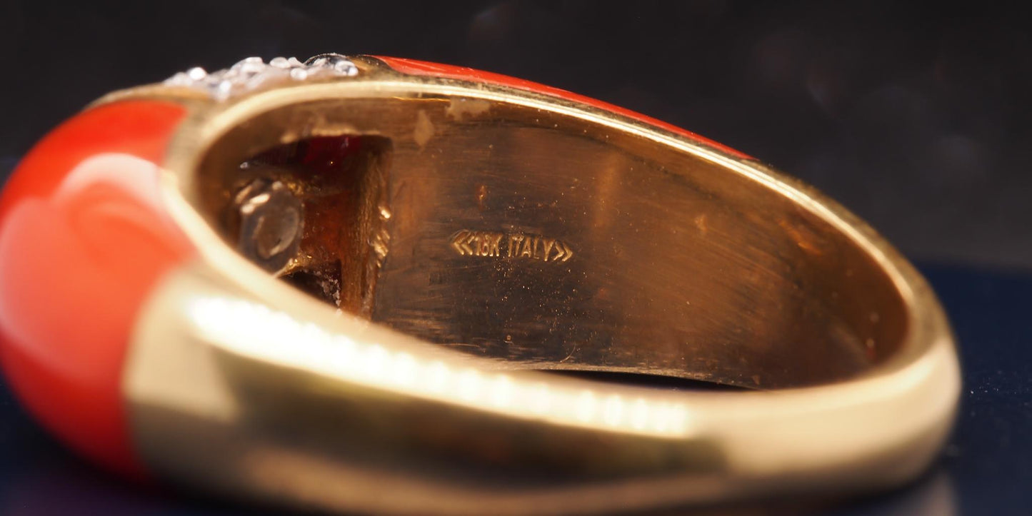Estate 18K Yellow Gold Coral and Diamond Ring - VHK#823a