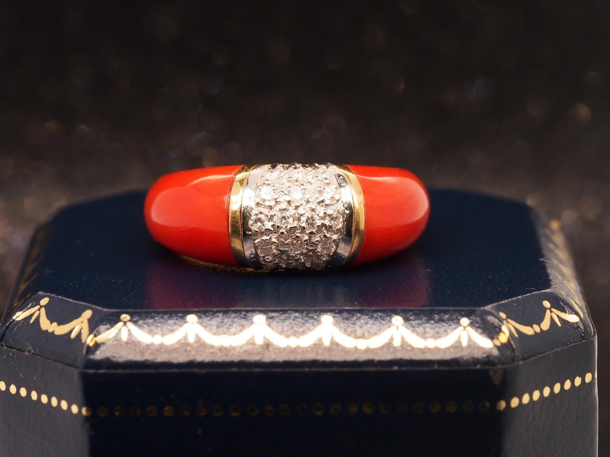 Estate 18K Yellow Gold Coral and Diamond Ring - VHK#823a