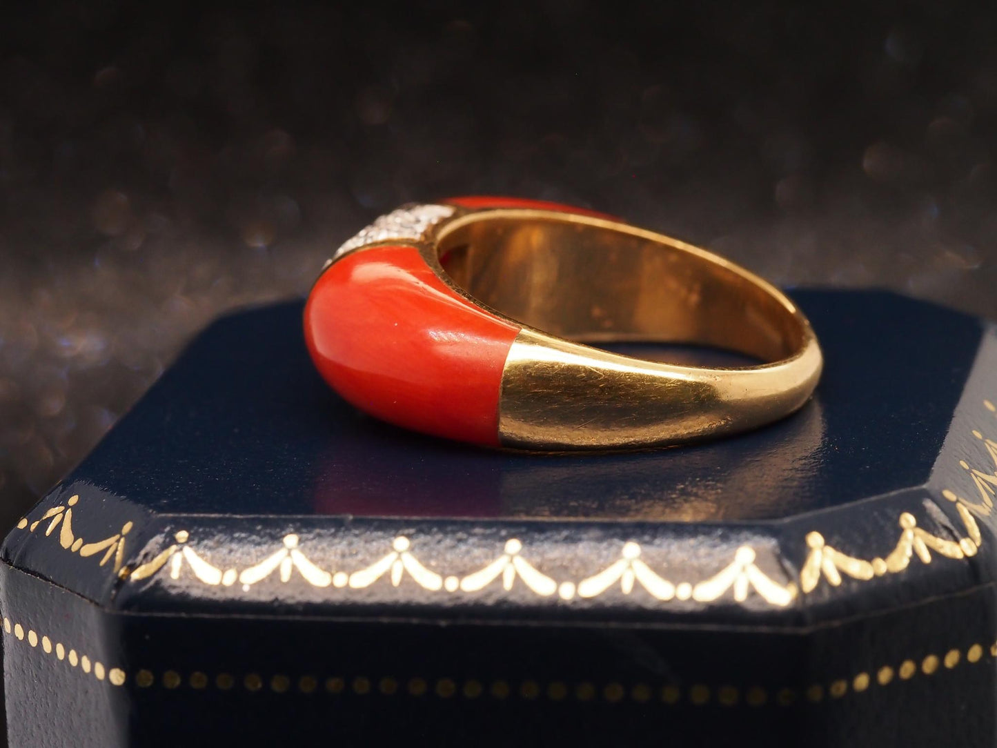 Estate 18K Yellow Gold Coral and Diamond Ring - VHK#823a