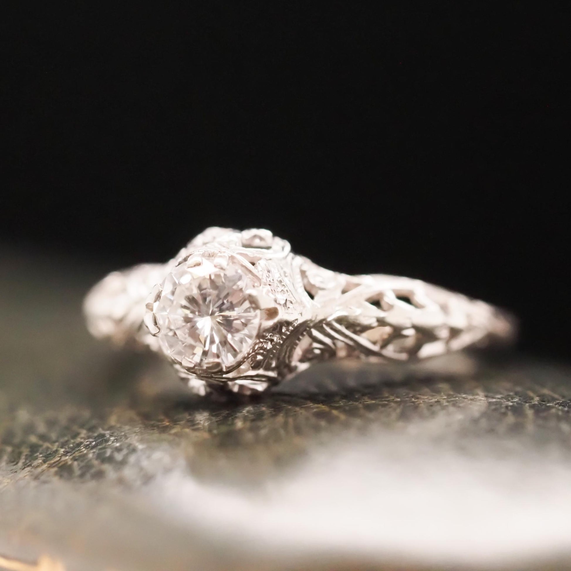 Circa 1940s Art Deco Filigree .53ct Round Brilliant Diamond Ring - VHK#667