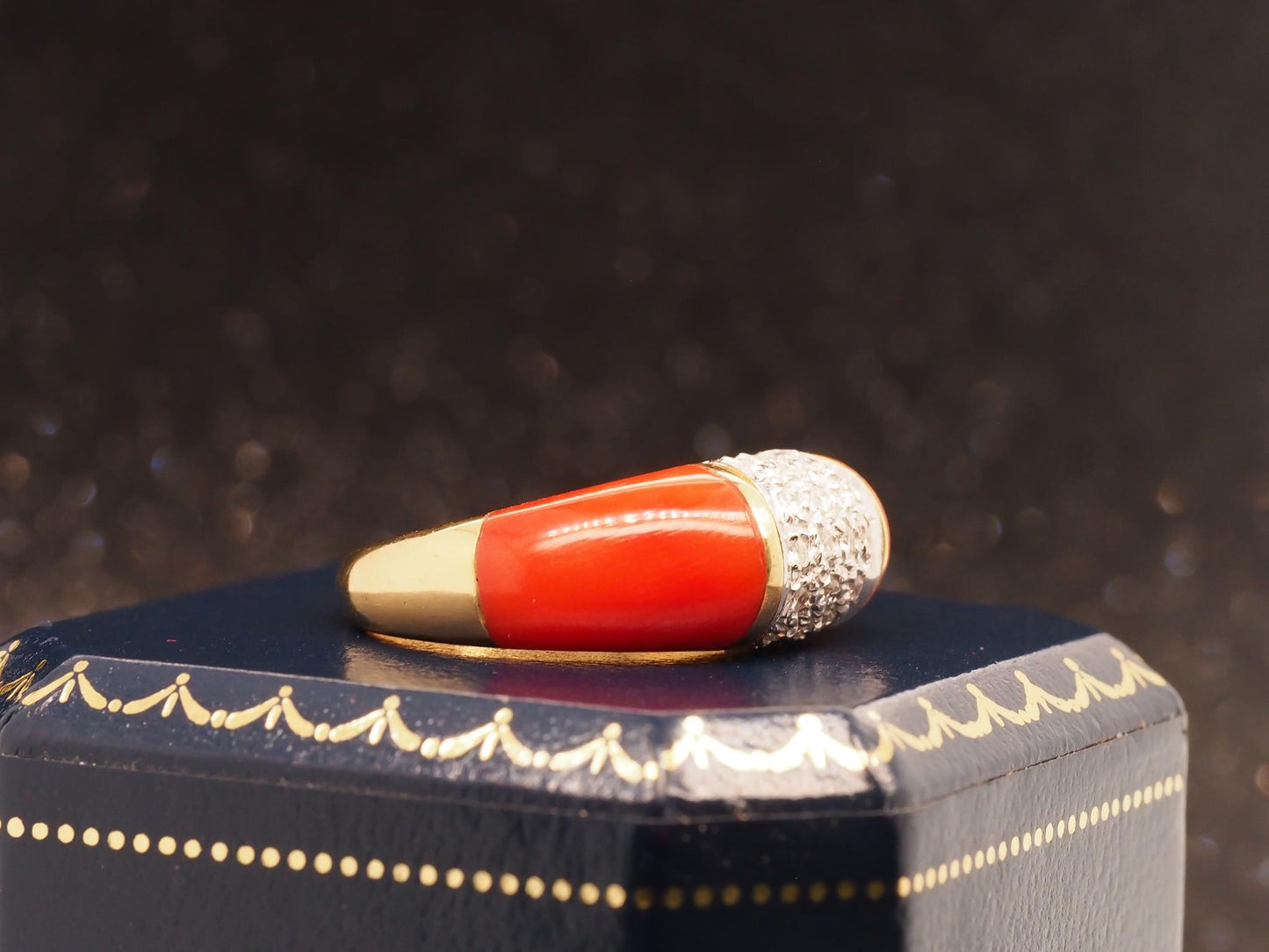 Estate 18K Yellow Gold Coral and Diamond Ring - VHK#823a