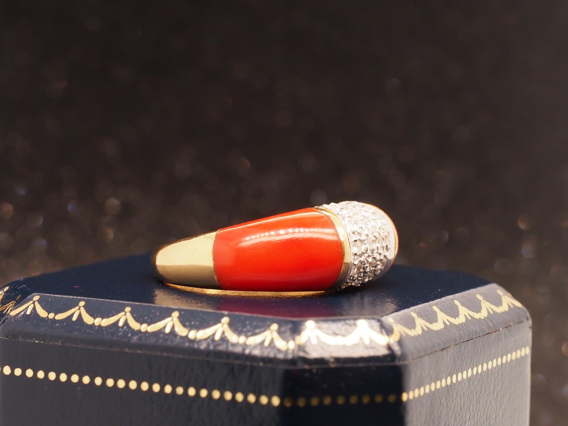 Estate 18K Yellow Gold Coral and Diamond Ring - VHK#823a