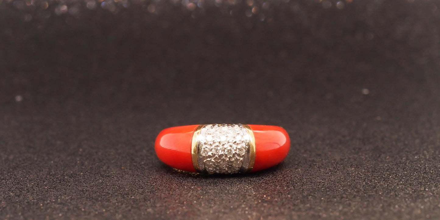 Estate 18K Yellow Gold Coral and Diamond Ring - VHK#823a