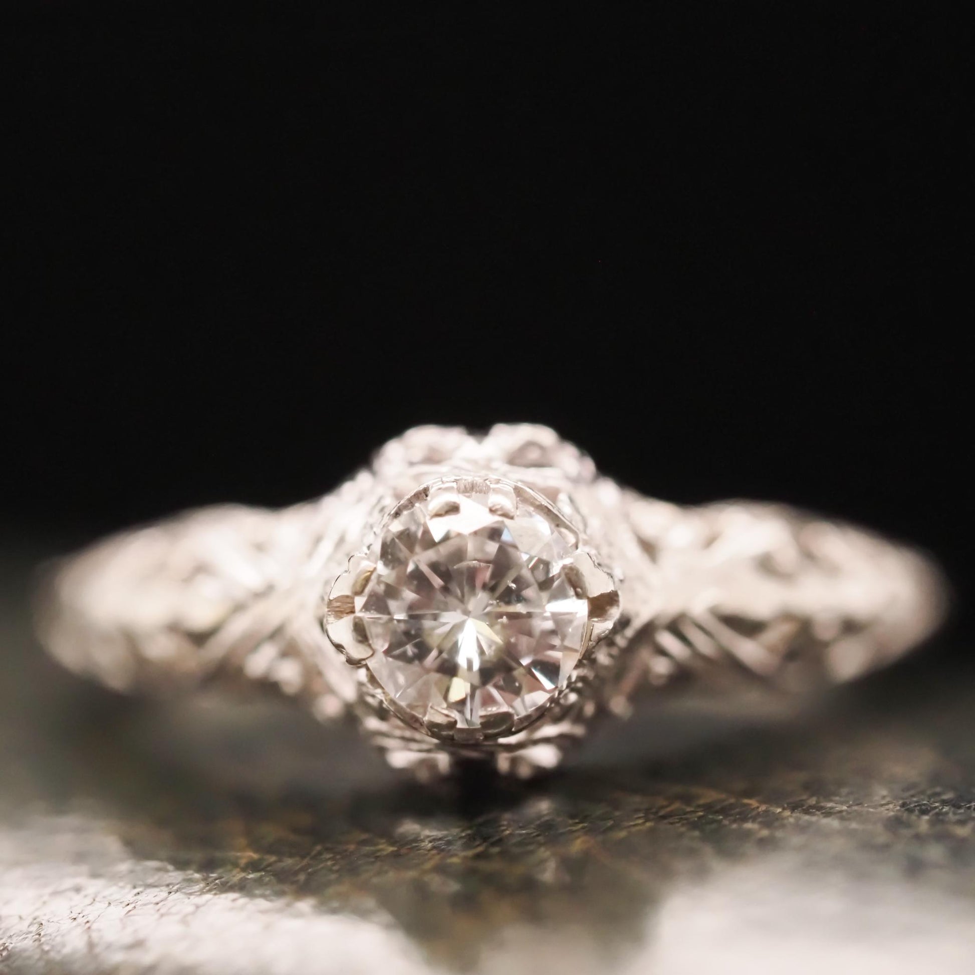 Circa 1940s Art Deco Filigree .53ct Round Brilliant Diamond Ring - VHK#667