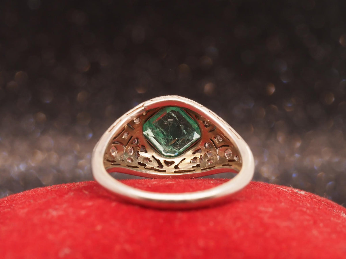 Estate Art Deco Emerald and Diamond Engagement Ring - VHK#1048