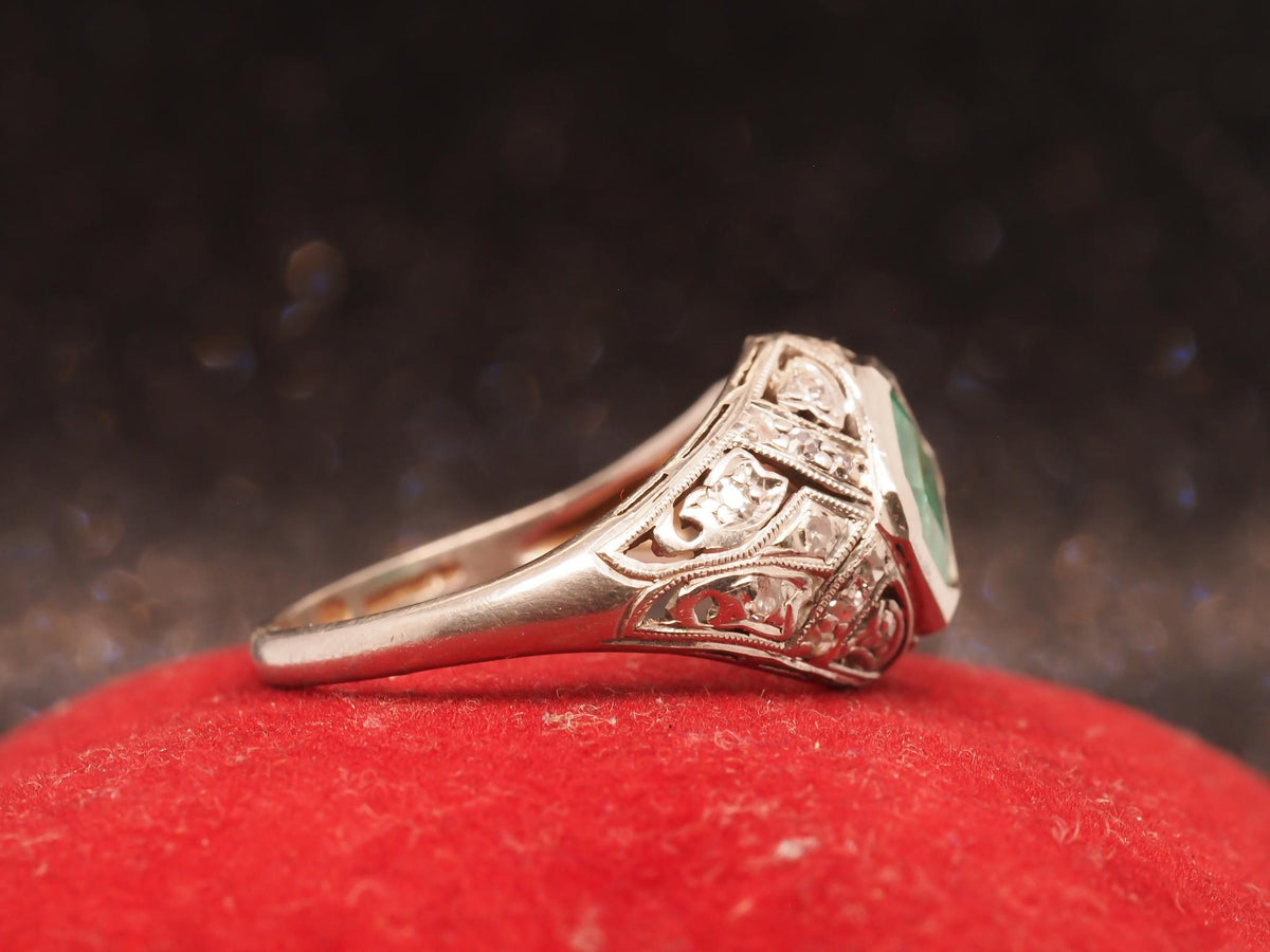Estate Art Deco Emerald and Diamond Engagement Ring - VHK#1048