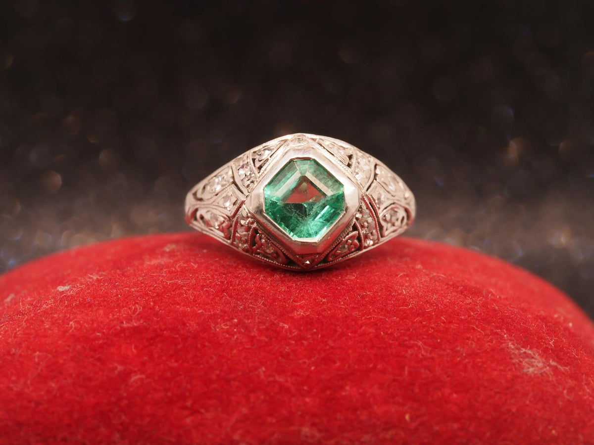 Estate Art Deco Emerald and Diamond Engagement Ring - VHK#1048