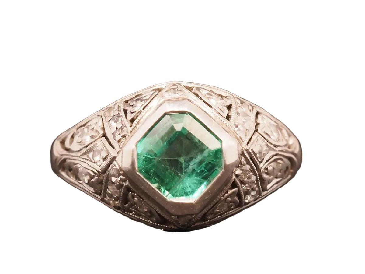 Estate Art Deco Emerald and Diamond Engagement Ring - VHK#1048
