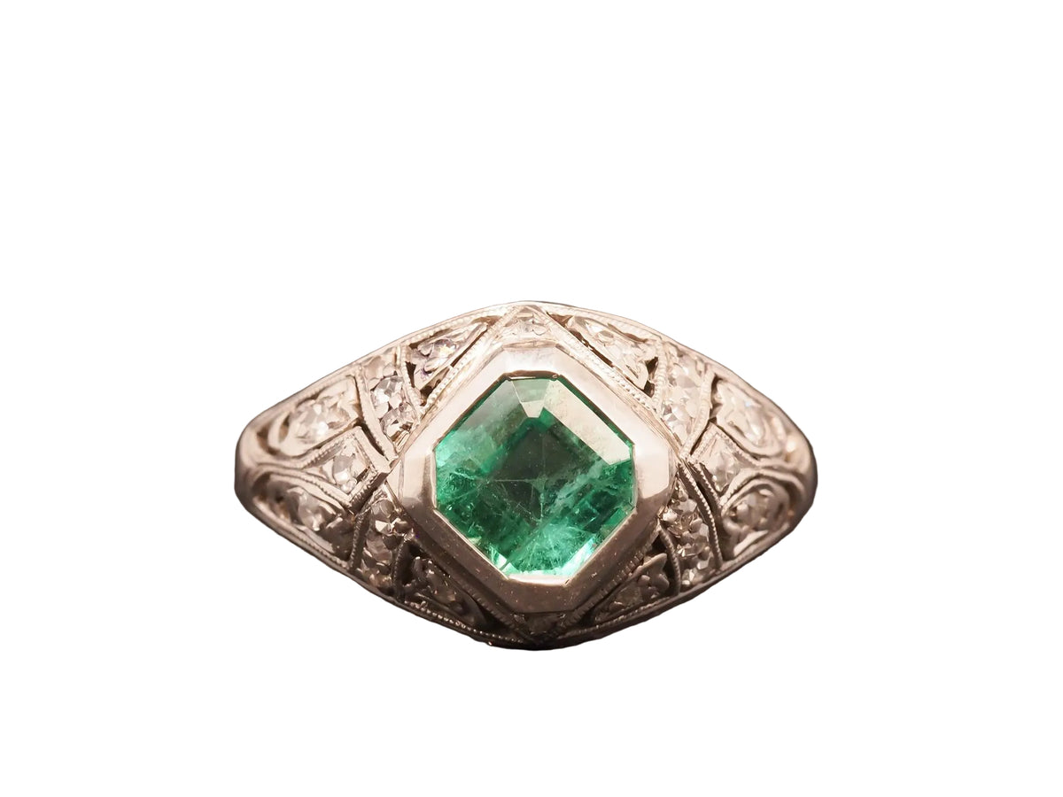 Estate Art Deco Emerald and Diamond Engagement Ring - VHK#1048