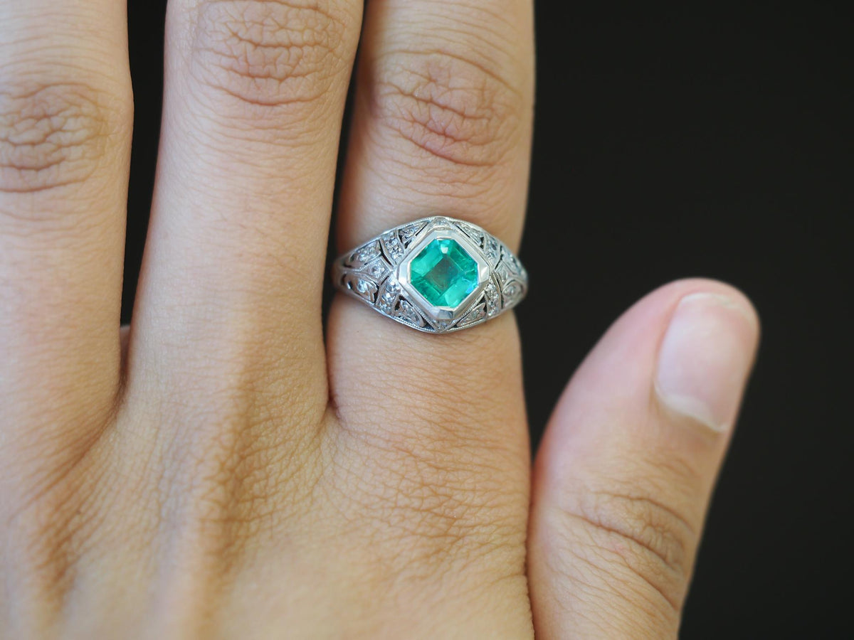 Estate Art Deco Emerald and Diamond Engagement Ring - VHK#1048