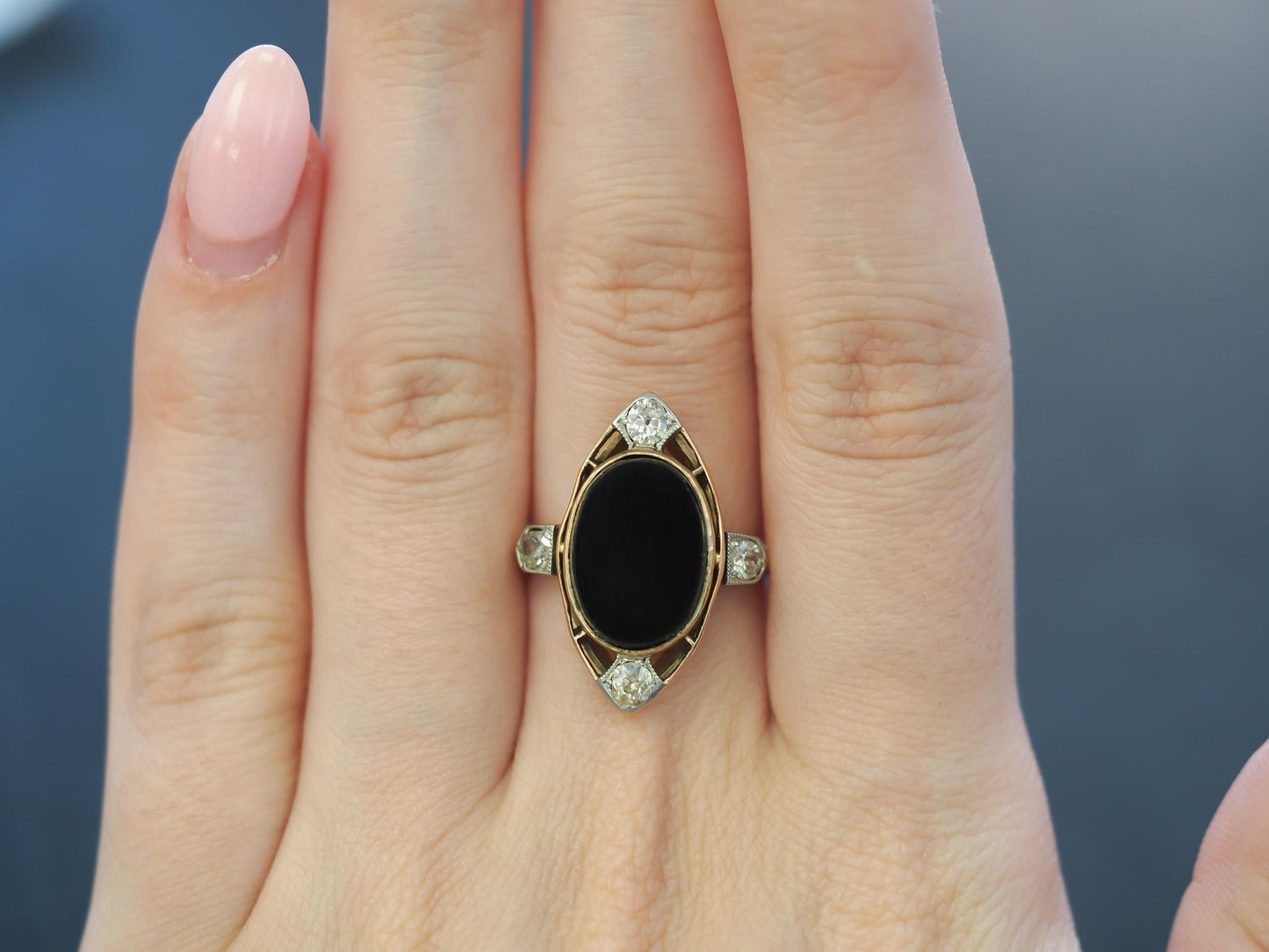 14K Yellow Gold Art Deco Onyx and Old European Diamond Ring - VHK#12