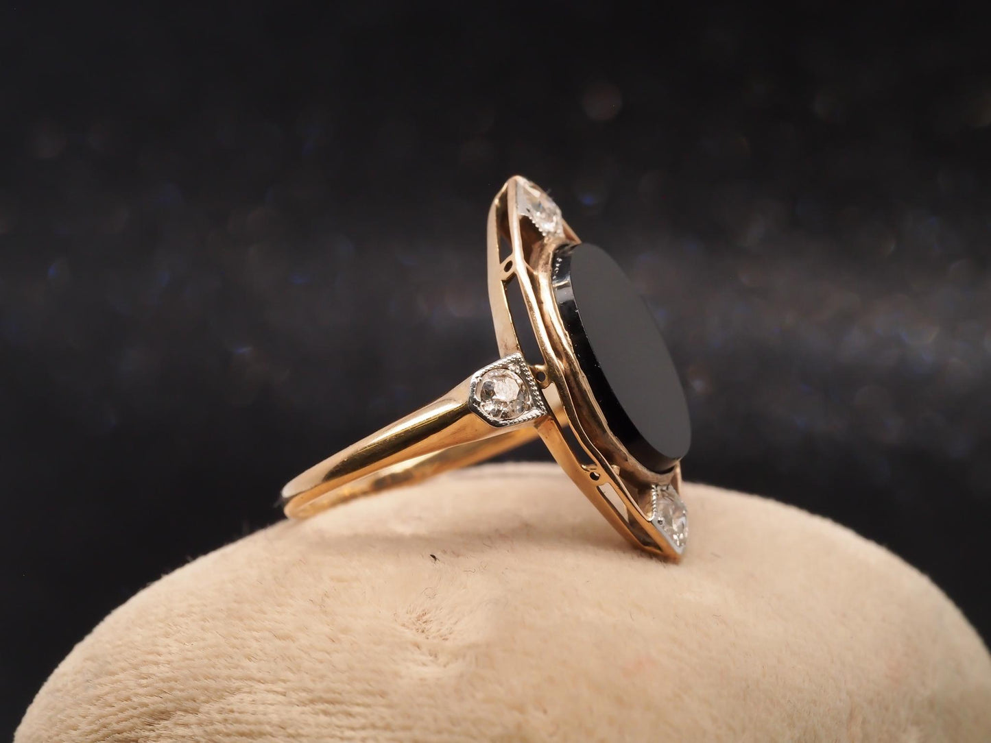 14K Yellow Gold Art Deco Onyx and Old European Diamond Ring - VHK#12
