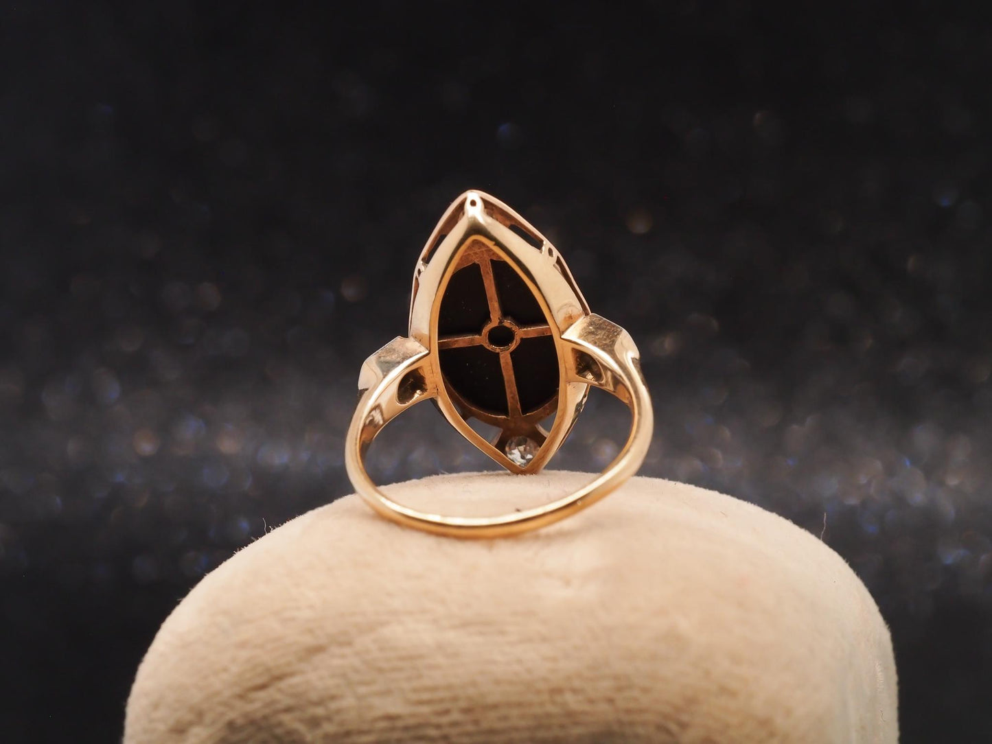 14K Yellow Gold Art Deco Onyx and Old European Diamond Ring - VHK#12
