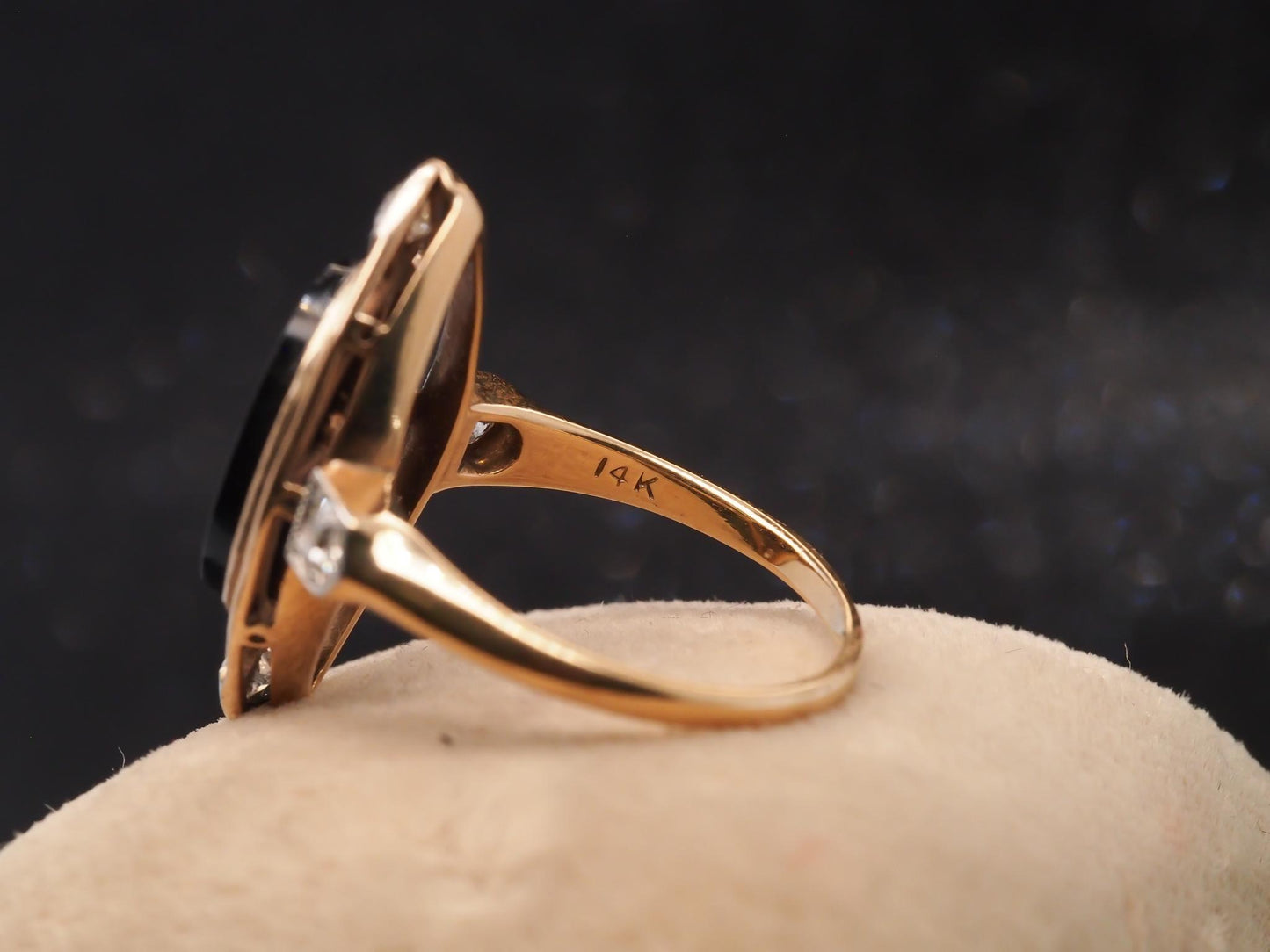 14K Yellow Gold Art Deco Onyx and Old European Diamond Ring - VHK#12