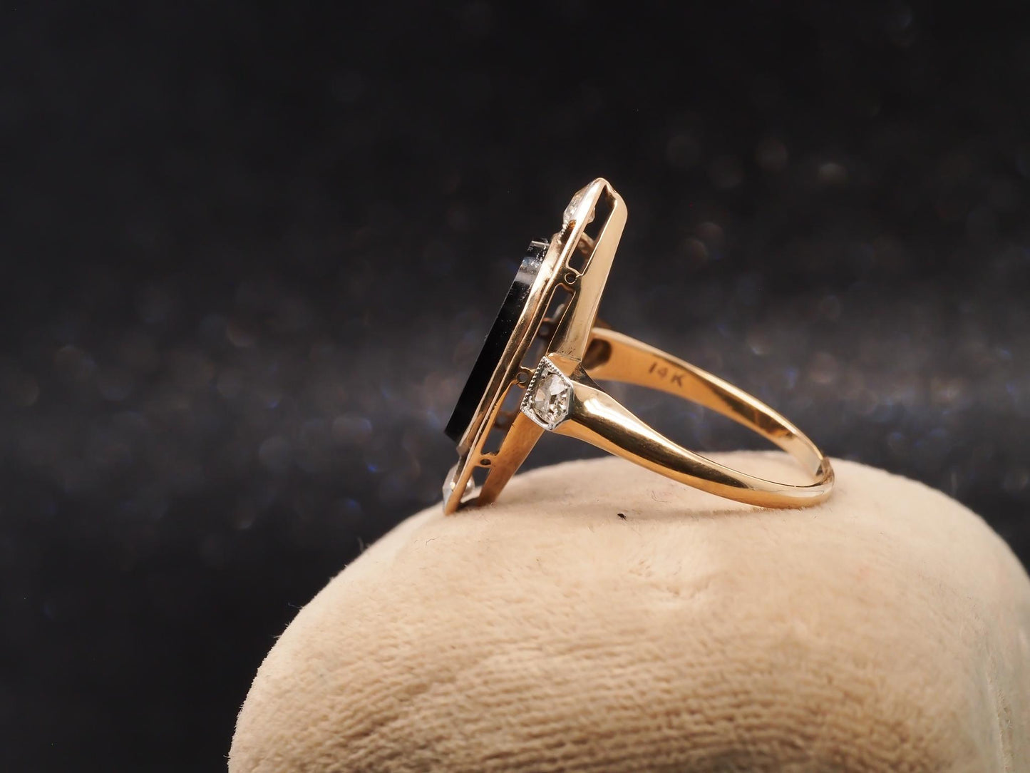 14K Yellow Gold Art Deco Onyx and Old European Diamond Ring - VHK#12
