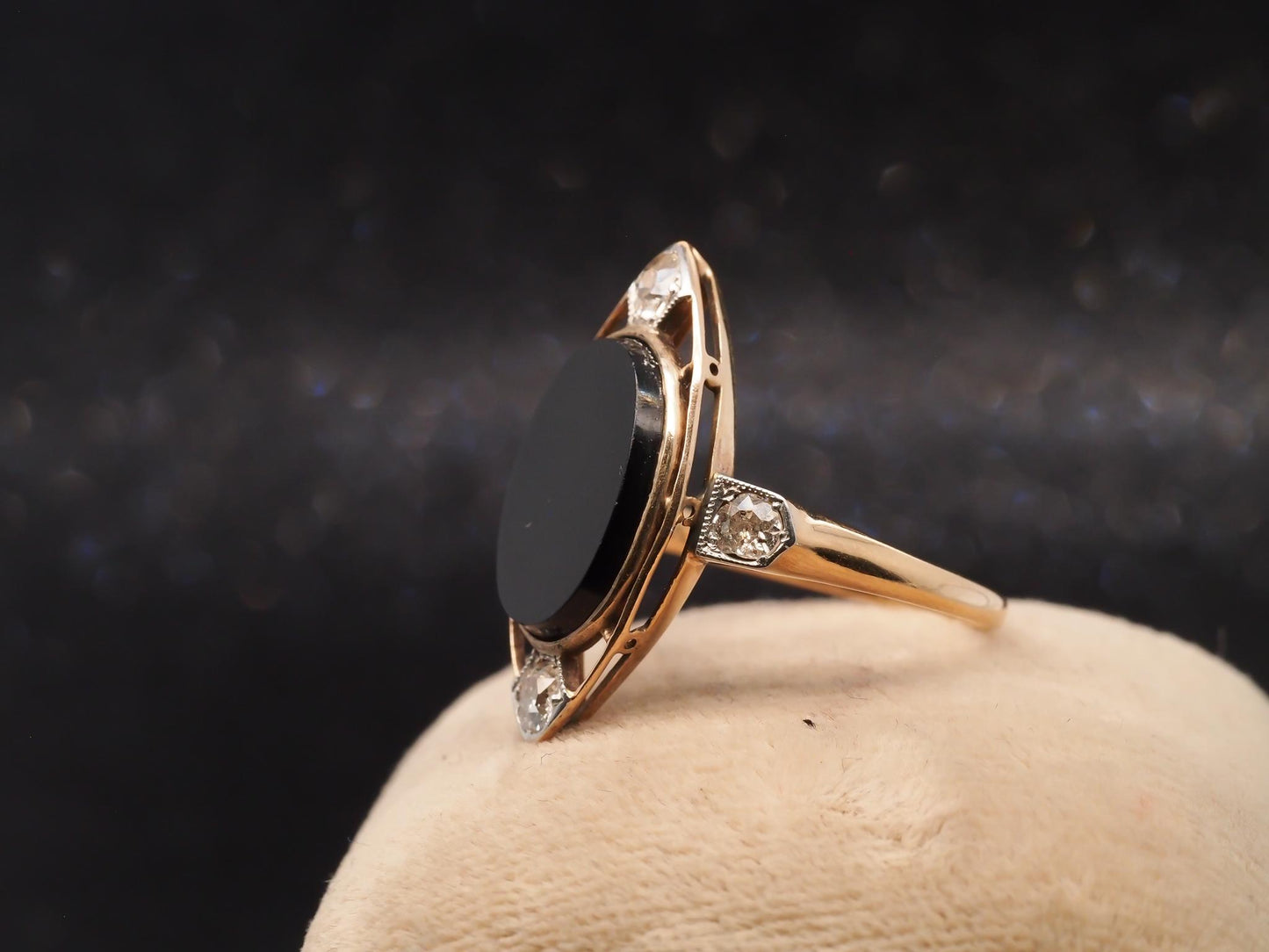 14K Yellow Gold Art Deco Onyx and Old European Diamond Ring - VHK#12