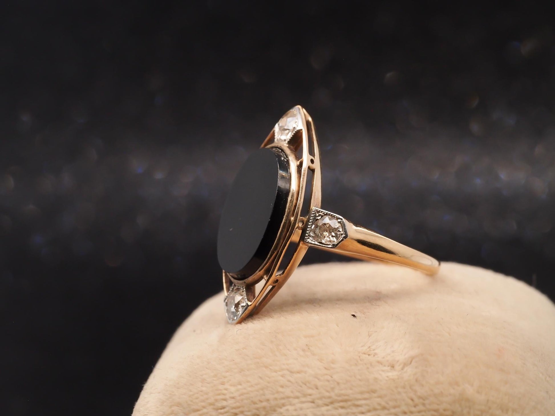 14K Yellow Gold Art Deco Onyx and Old European Diamond Ring - VHK#12