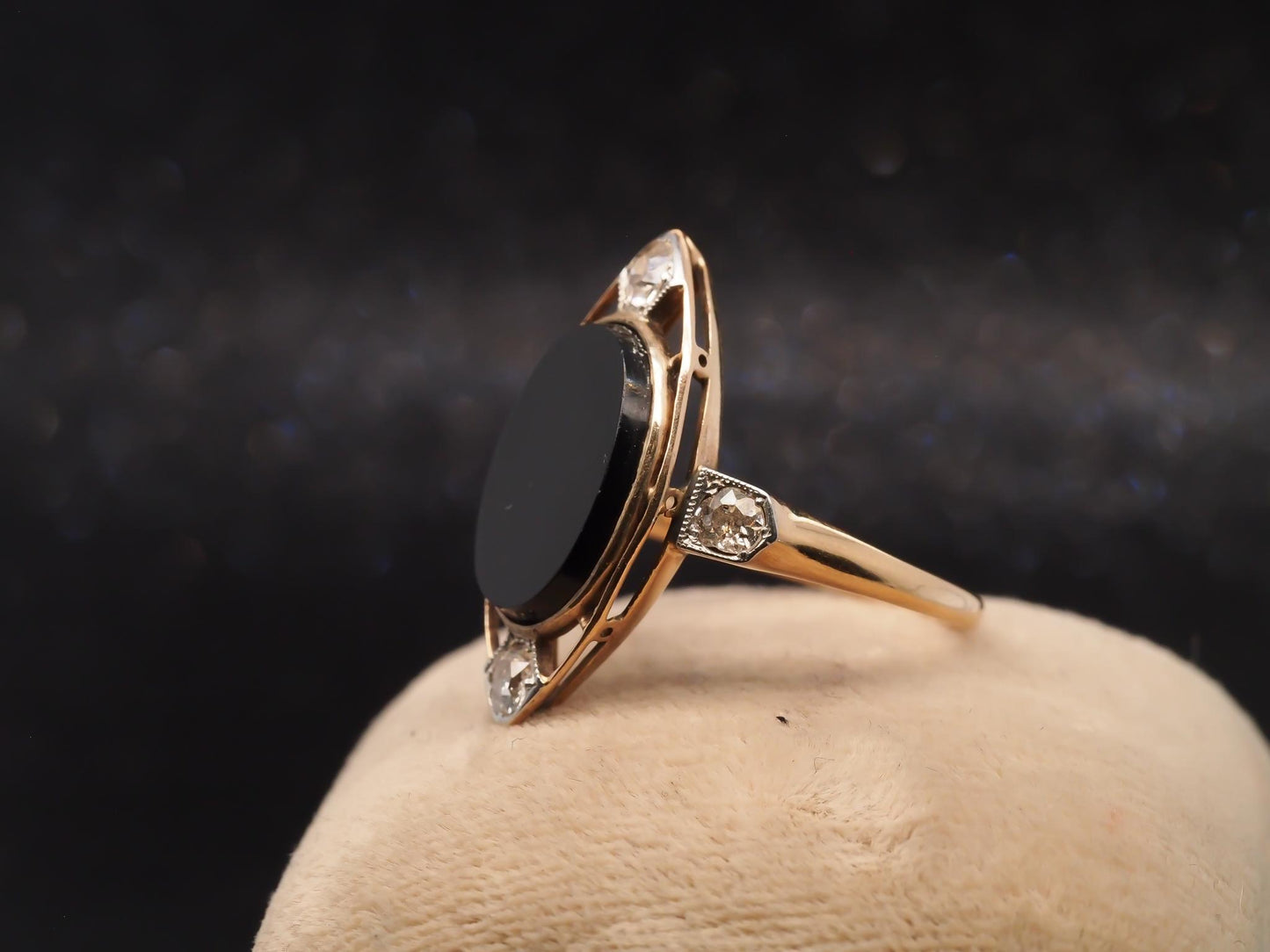 14K Yellow Gold Art Deco Onyx and Old European Diamond Ring - VHK#12
