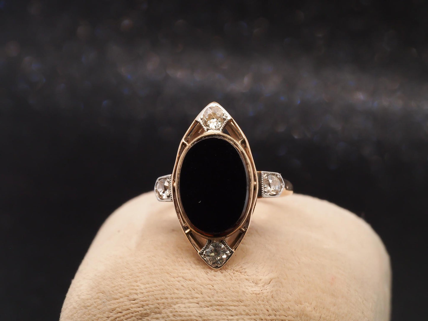 14K Yellow Gold Art Deco Onyx and Old European Diamond Ring - VHK#12