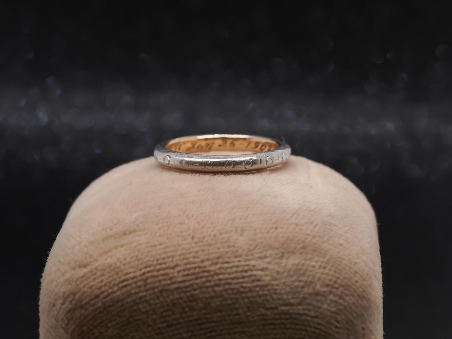 Circa 1902 Platinum & Gold Engraved Edwardian Wedding Band - VHK#26