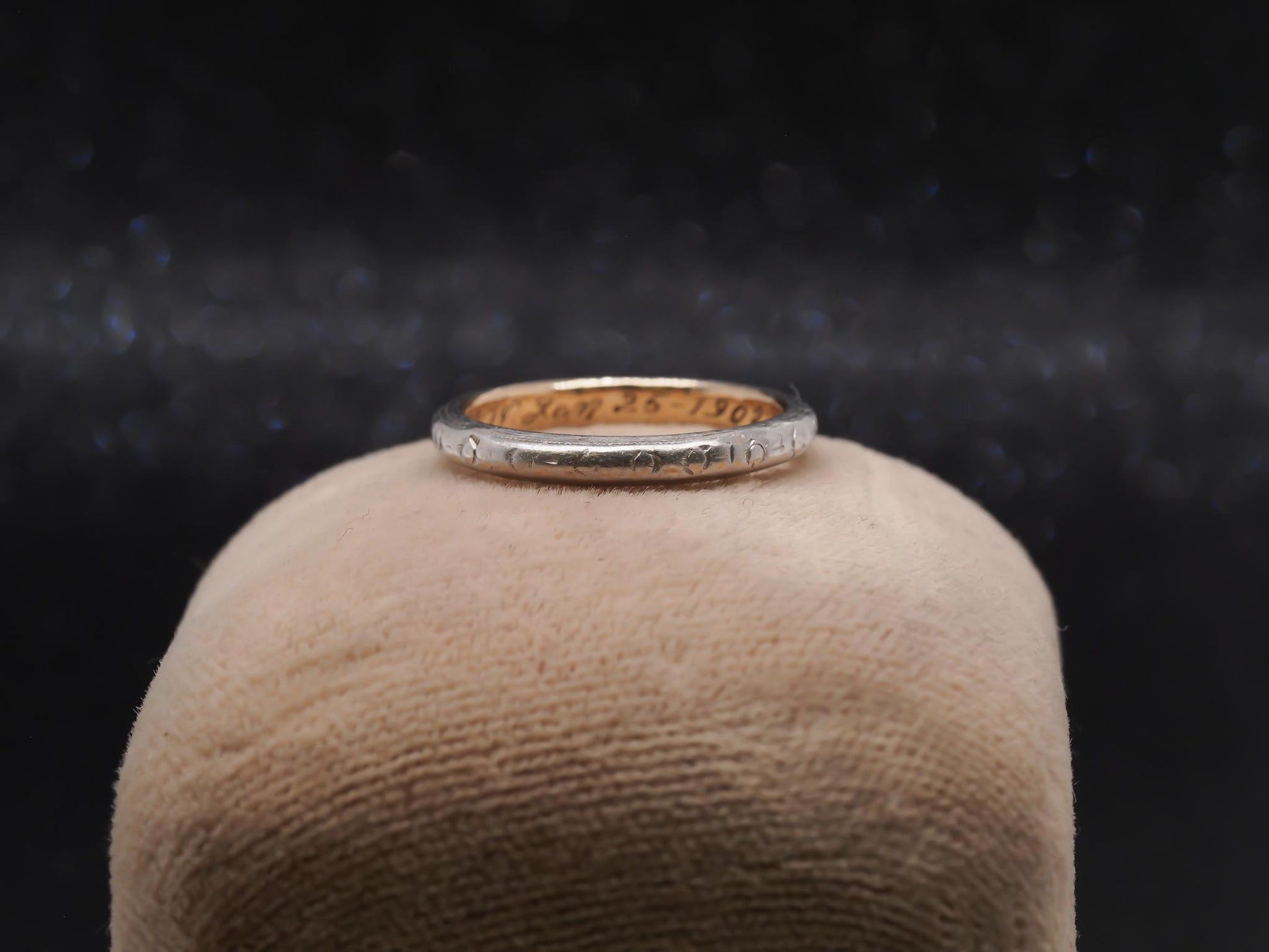 Circa 1902 Platinum & Gold Engraved Edwardian Wedding Band - VHK#26