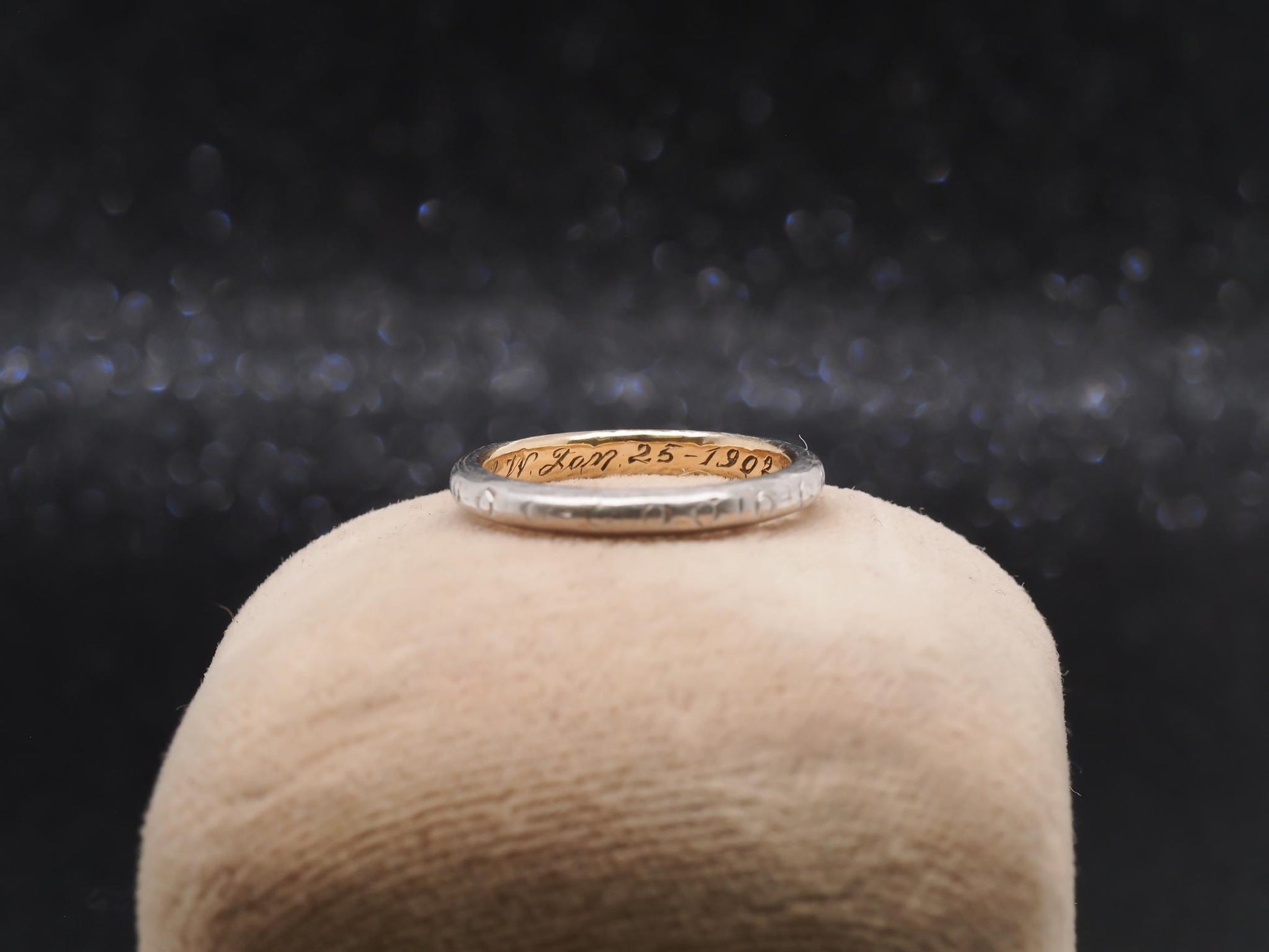 Circa 1902 Platinum & Gold Engraved Edwardian Wedding Band - VHK#26