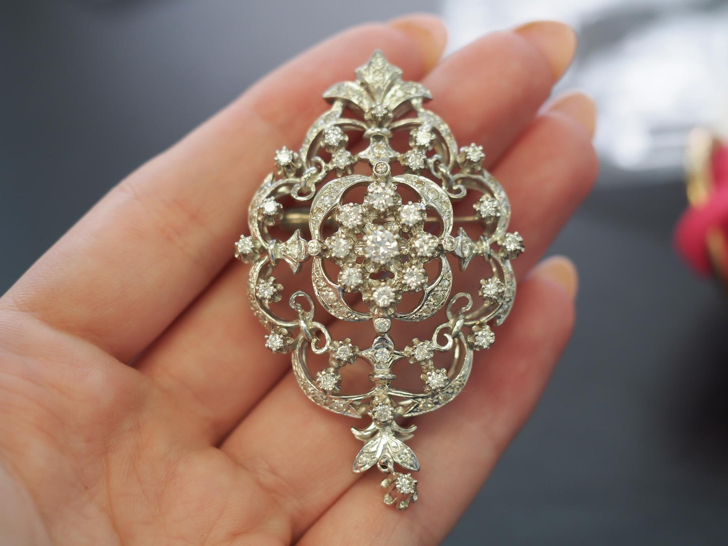 1950s 14k White Gold Ornate Diamond Pendant and Brooch - VHK#25a