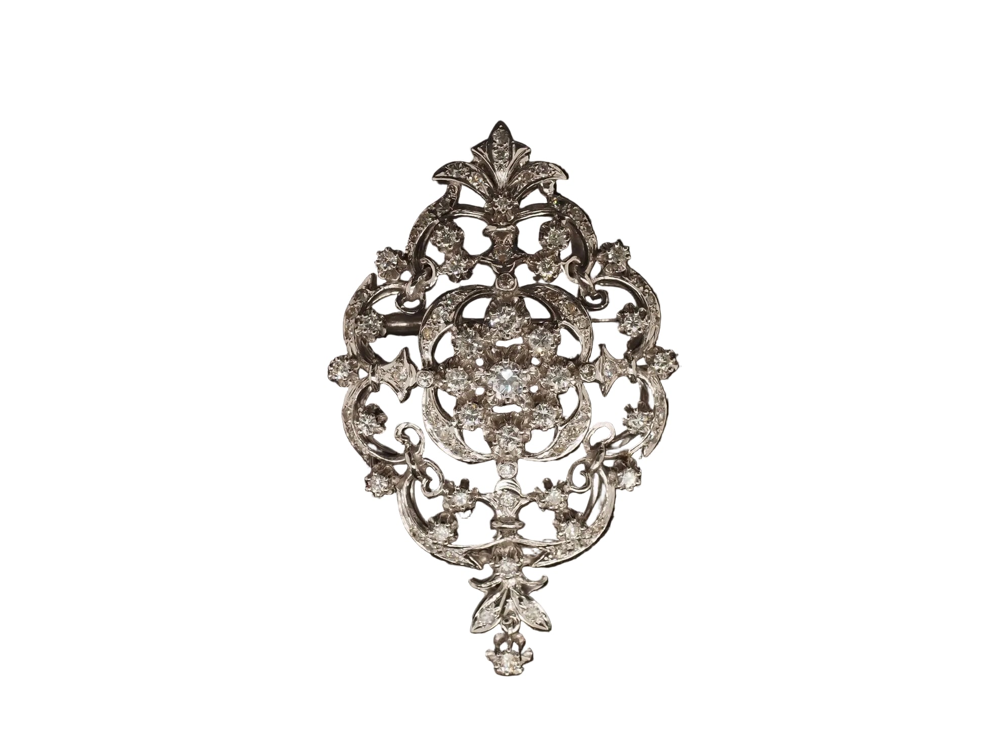 1950s 14k White Gold Ornate Diamond Pendant and Brooch - VHK#25a
