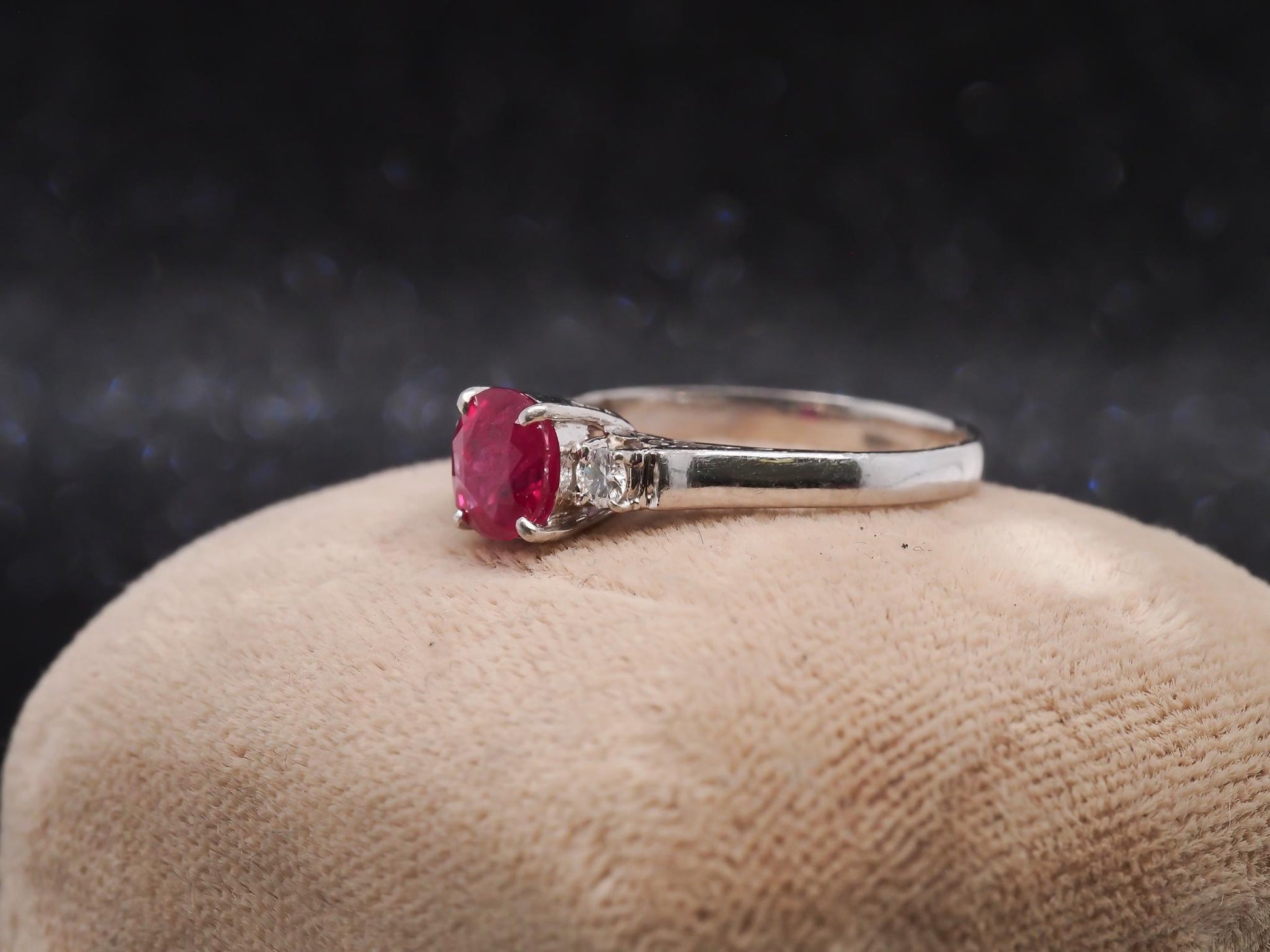 Platinum Ruby and Diamond 3 Stone Engagement Ring - VHK#24