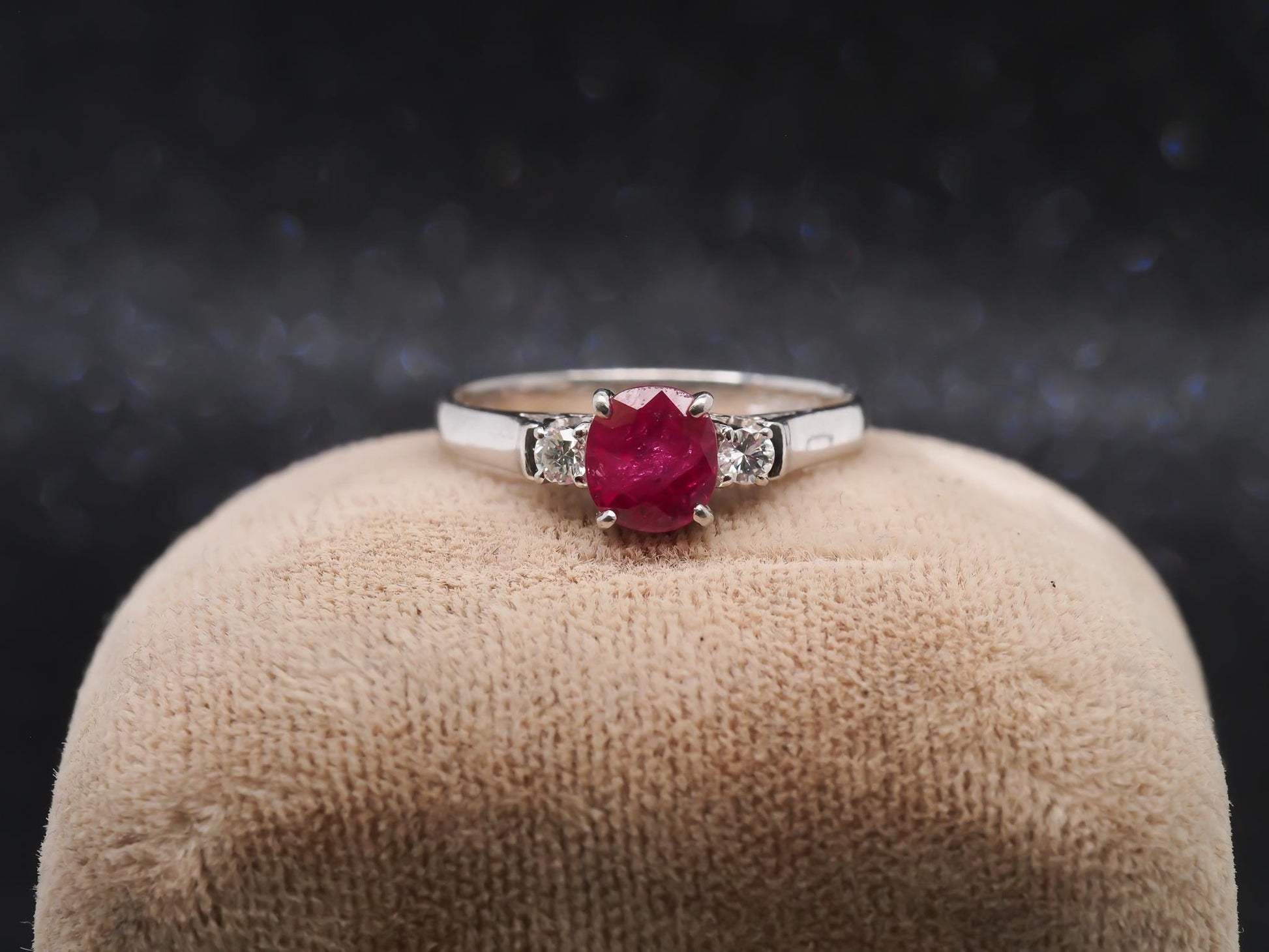 Platinum Ruby and Diamond 3 Stone Engagement Ring - VHK#24