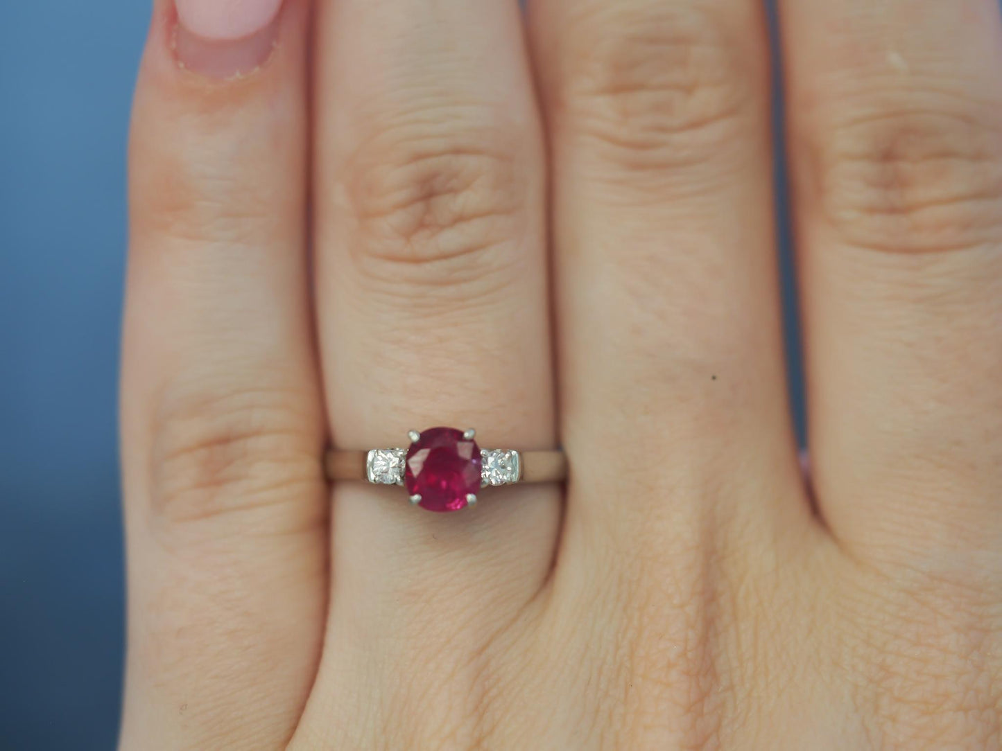 Platinum Ruby and Diamond 3 Stone Engagement Ring - VHK#24