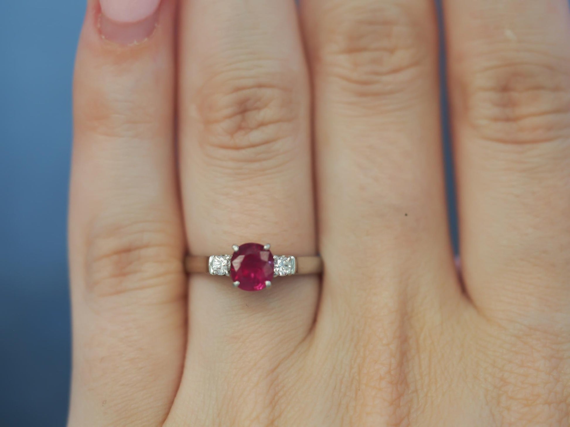 Platinum Ruby and Diamond 3 Stone Engagement Ring - VHK#24