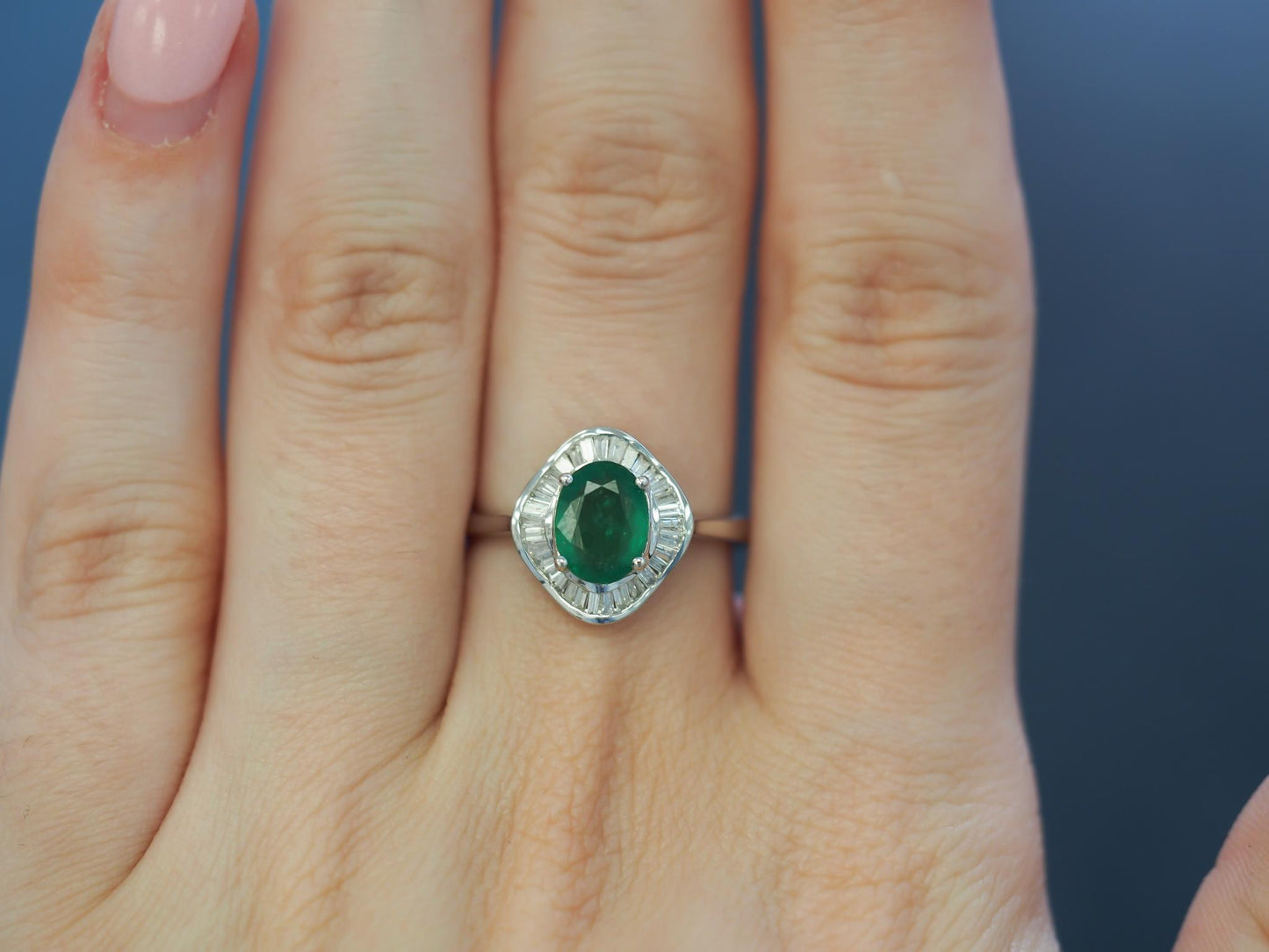 14K White Gold Emerald and Diamond Halo Ring - VHK#22