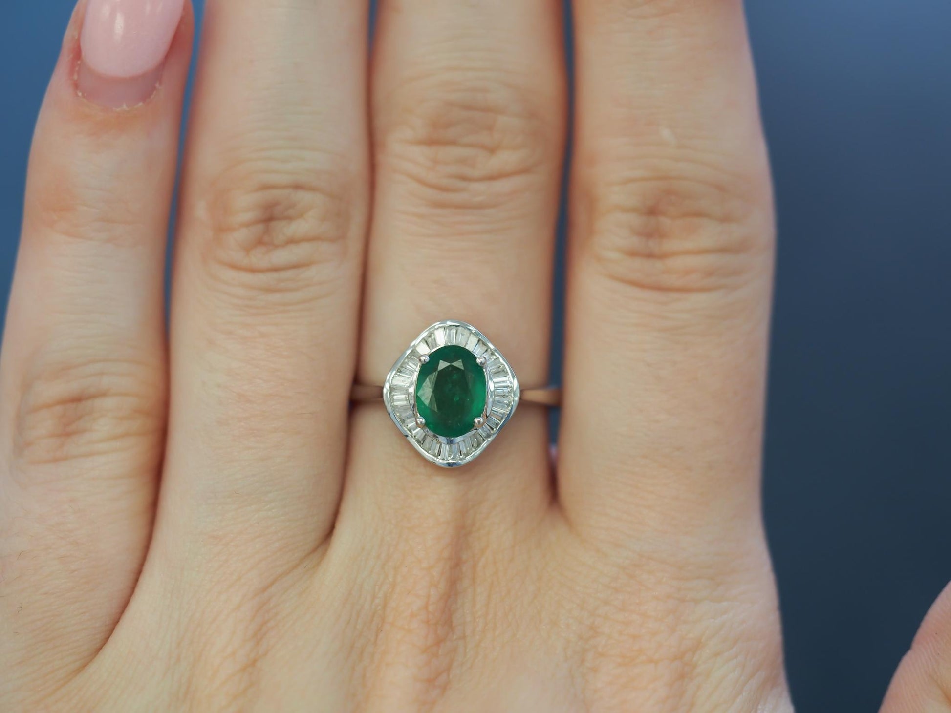 14K White Gold Emerald and Diamond Halo Ring - VHK#22