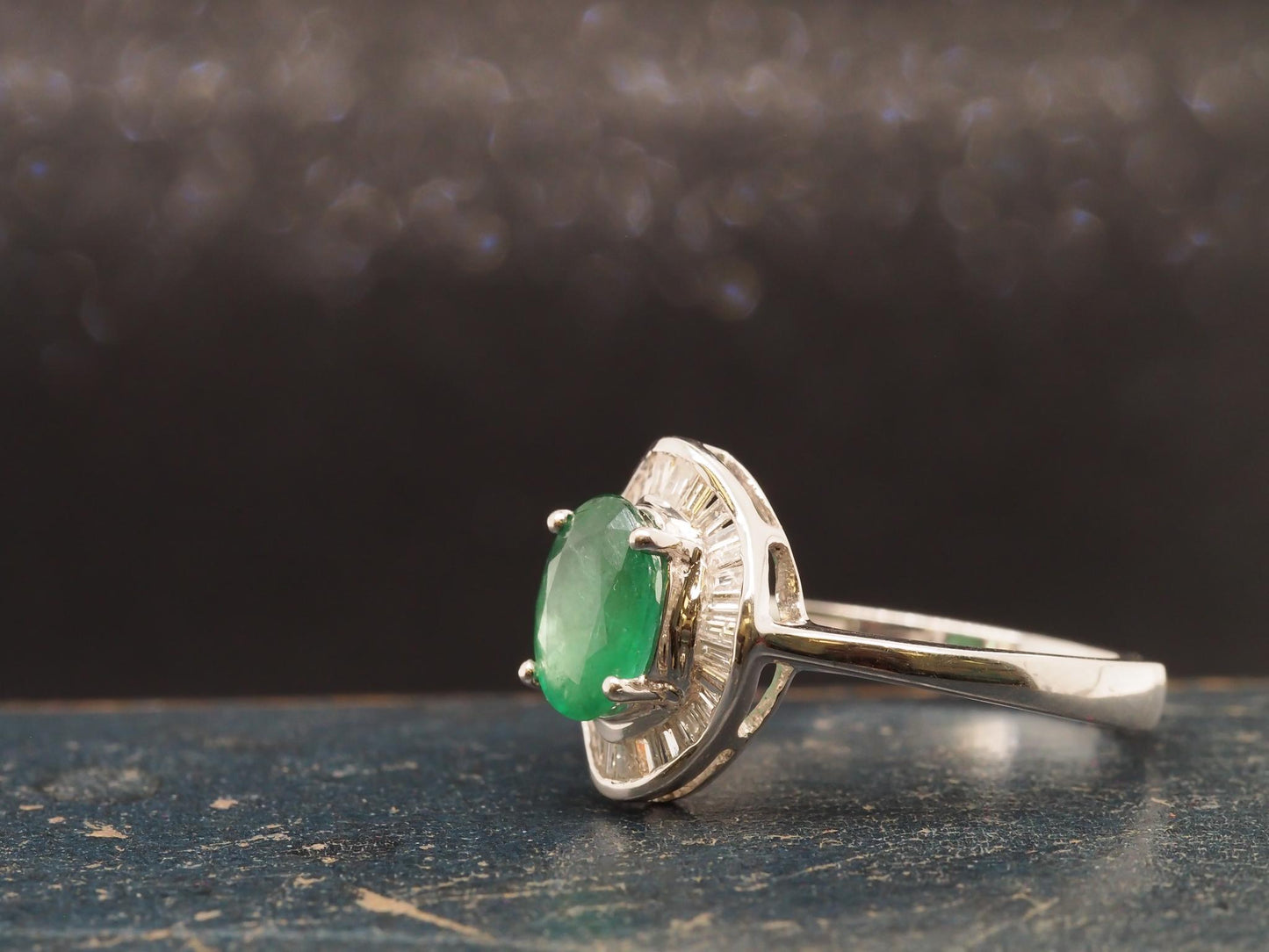 14K White Gold Emerald and Diamond Halo Ring - VHK#22