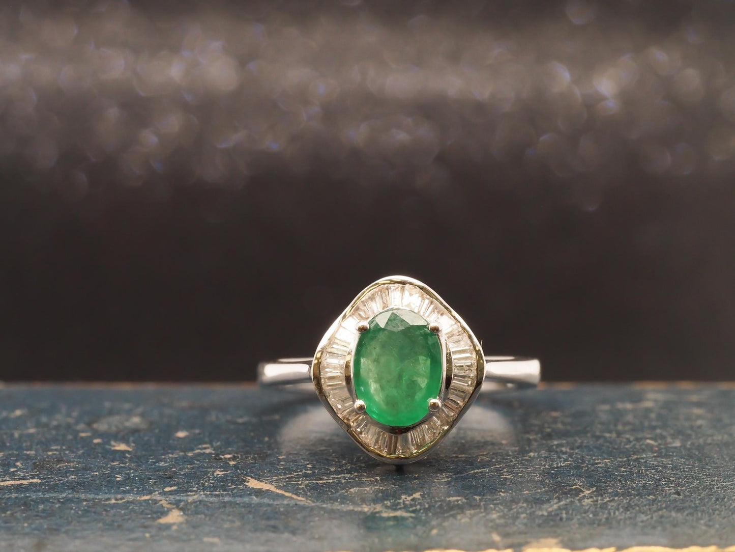 14K White Gold Emerald and Diamond Halo Ring - VHK#22